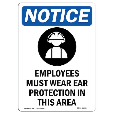 OSHA Notice Sign, Employees Must Wear With Symbol, 14in X 10in Aluminum